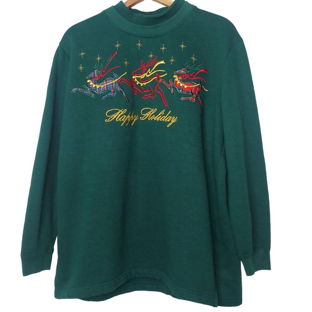 Vintage Christmas Happy Holidays Womens L Sweatshirt Green Reindeer Bobbi Brooks